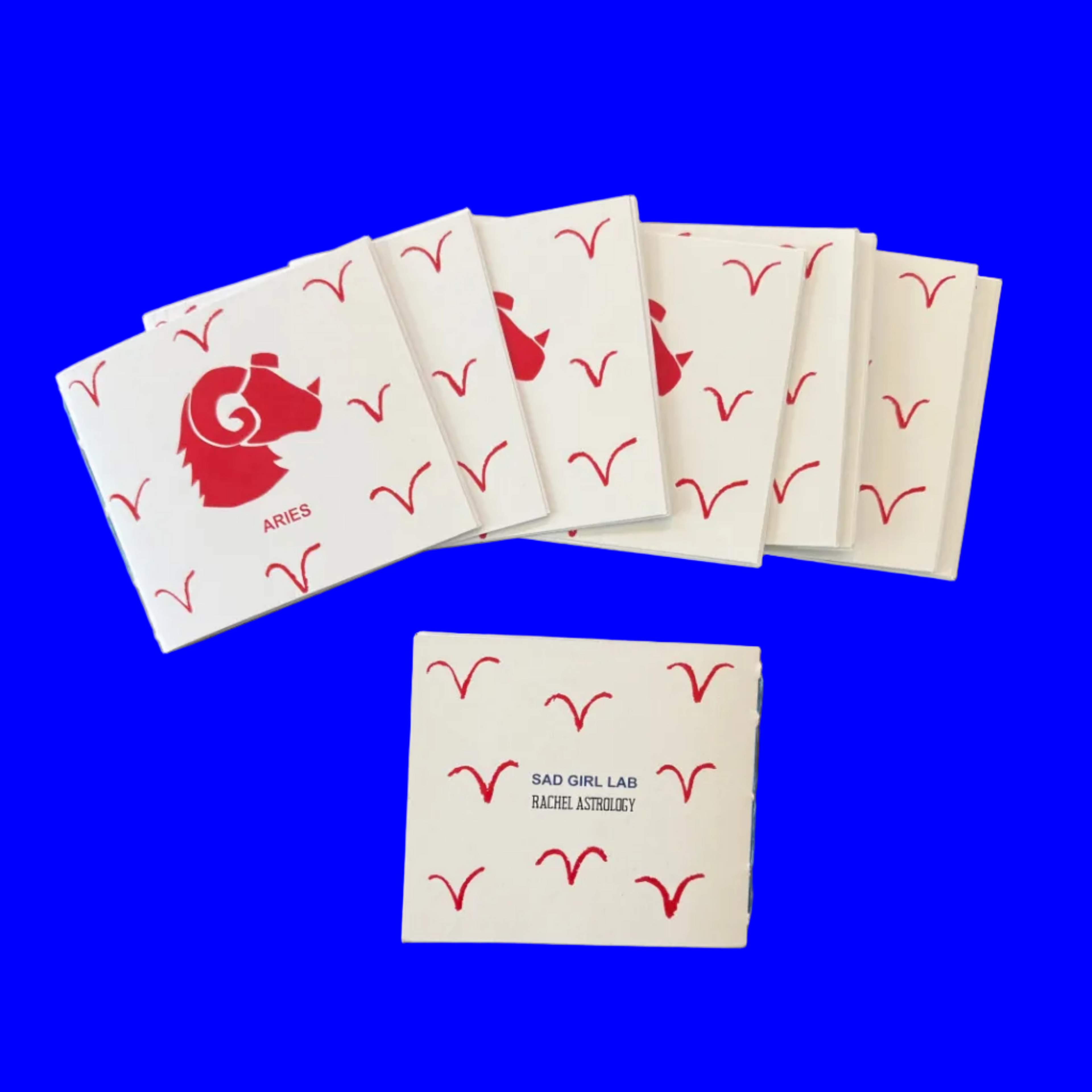 Small 12-page paper booklet (zine) with a print of a rams head, Aries on display, 4.25 inch by 3.66 inch dimension. 