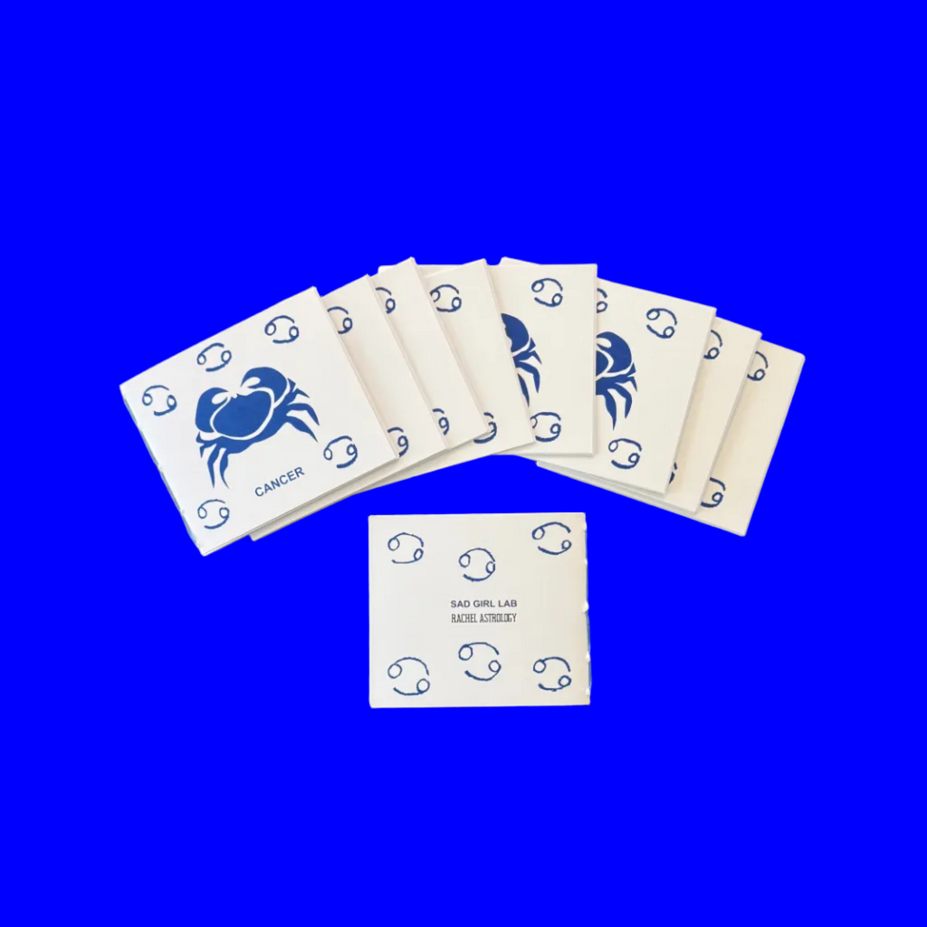 Small 12-page paper booklet (zine) with a print of a crab, Cancer on display, 4.25 inch by 3.66 inch dimension. 