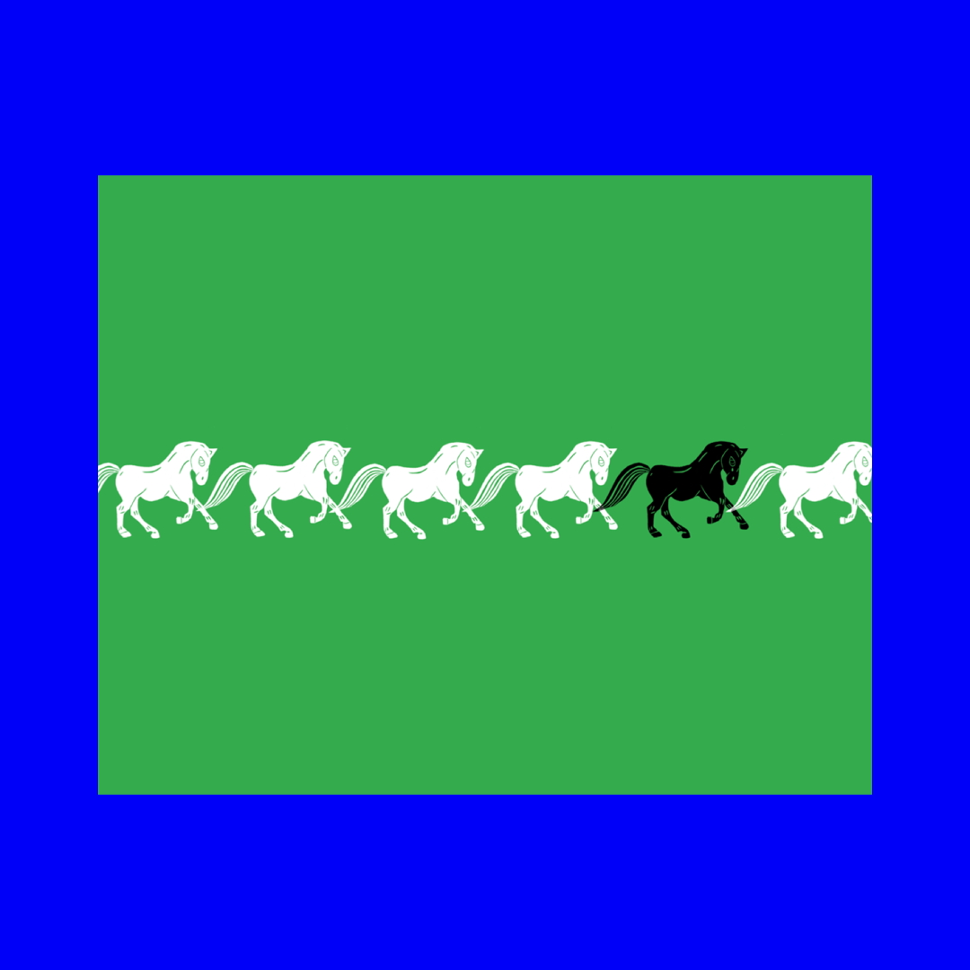 Linocut of white horses running with a black horse towards the front. Green background. 