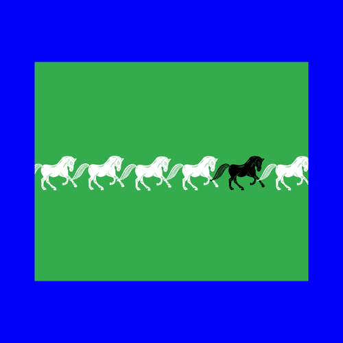 Linocut of white horses running with a black horse towards the front. Green background. 