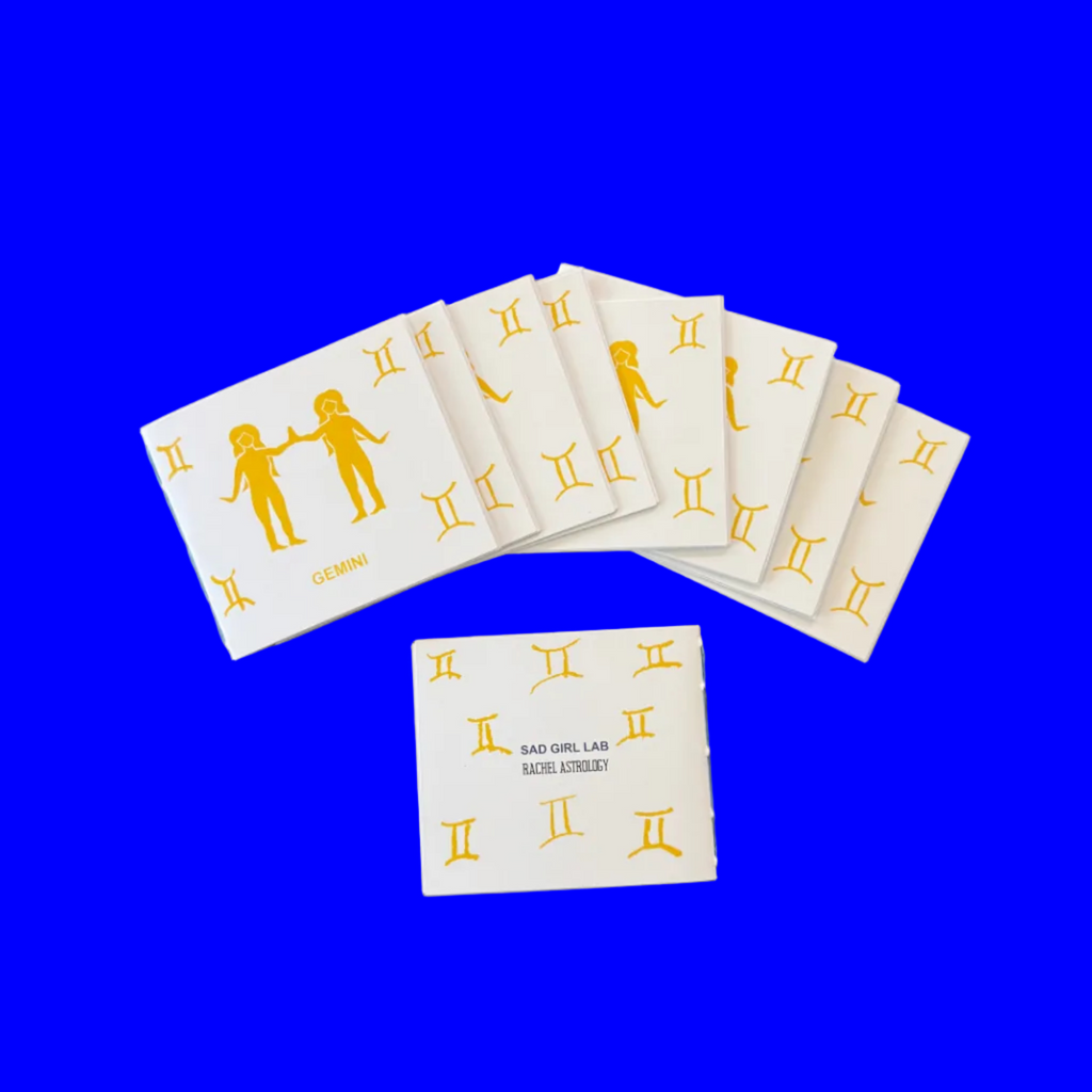 Small 12-page paper booklet (zine) with a print of a pair of twins, Gemini on display, 4.25 inch by 3.66 inch dimension. 