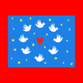 A collage of 7 white doves in a circle centering a red heart with yellow stars. Blue background. 