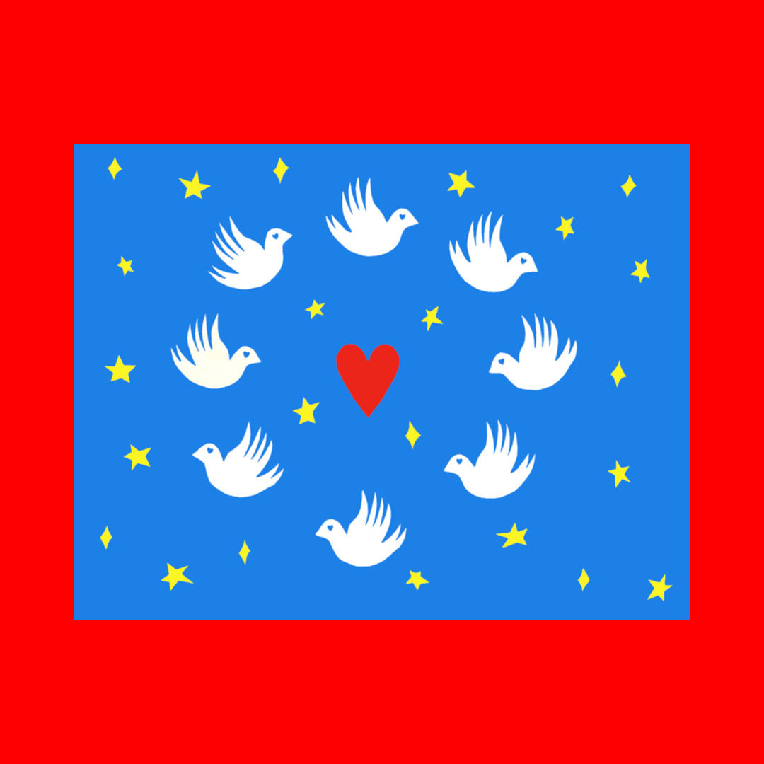 A collage of 7 white doves in a circle centering a red heart with yellow stars. Blue background. 