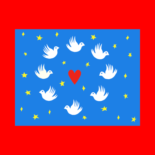 A collage of 7 white doves in a circle centering a red heart with yellow stars. Blue background. 