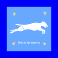 Collage of a white greyhound dog running on a blue background with 4 yellow stars. Text says in white: Rise to the occasion 