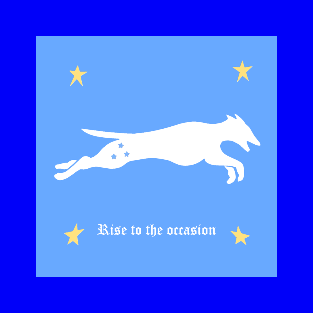 Collage of a white greyhound dog running on a blue background with 4 yellow stars. Text says in white: Rise to the occasion 