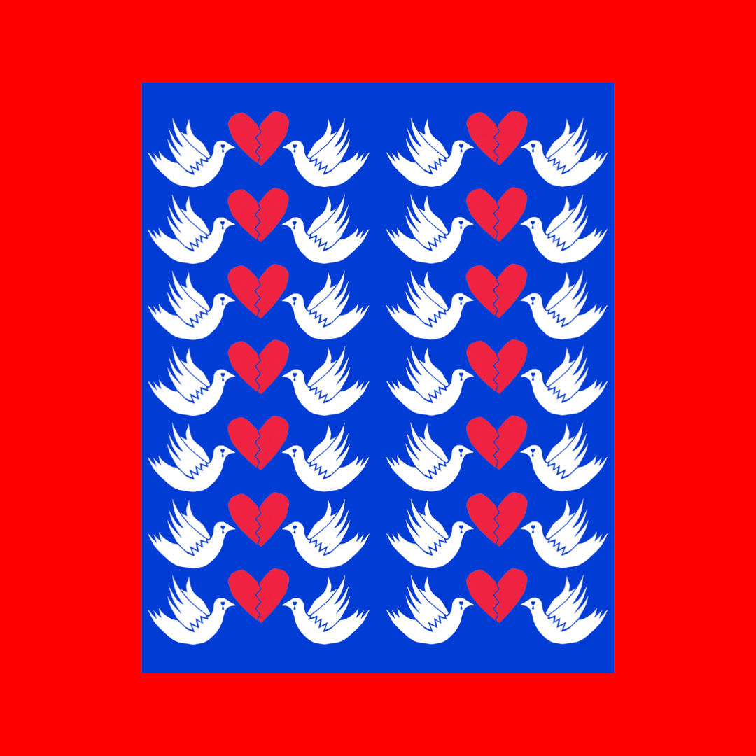 Collage of two doves that are crying facing each other with a broken heart between them.  