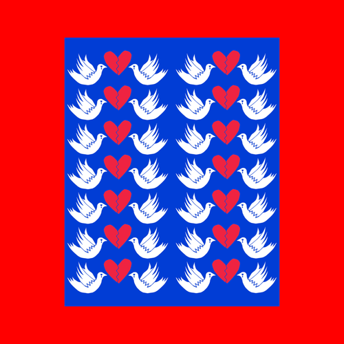 Collage of two doves that are crying facing each other with a broken heart between them.  